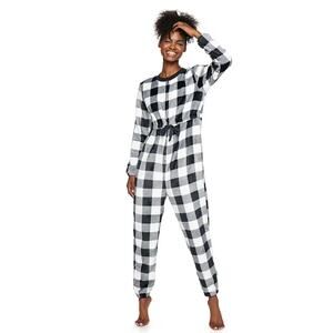 So Intimates Women Cinch Waist One-Piece Plaid Fleece Pajamas Size L Black White